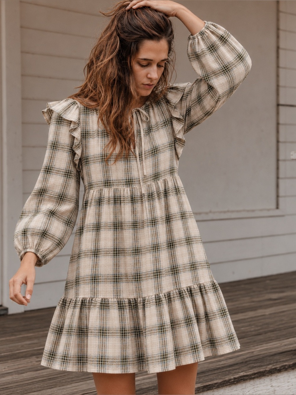 Ephemera XS/S Green Cream Plaid Cottagecore Prairie Mini Dress Cotton Blend Boho